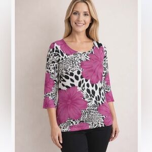 TESSORI Pink Floral & Black Animal Print  Long Sleeve Sweater L